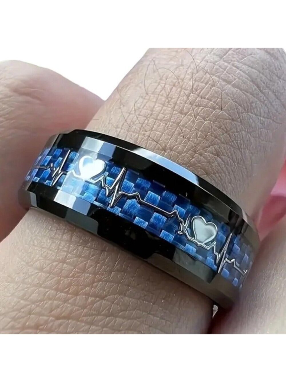Black Tungsten Carbide Ring With Blue Carbon Fiber Inlay & Heartbeat Design